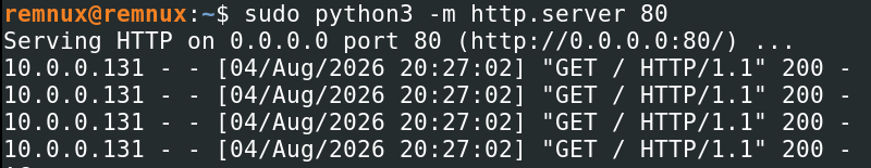 Python HTTP server log showing four connections
