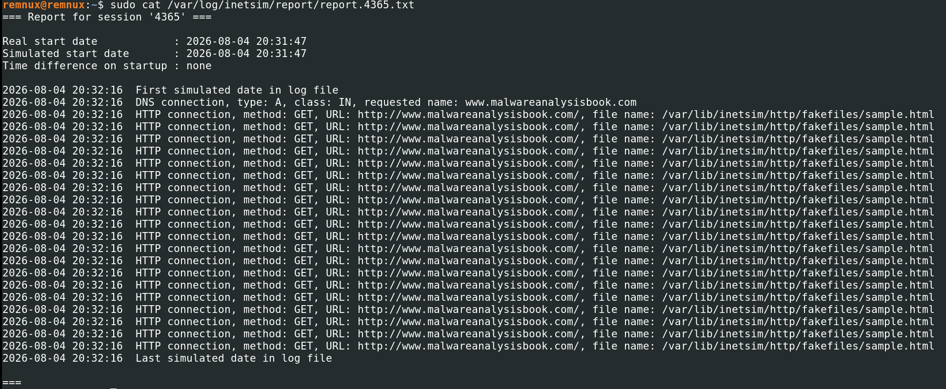 INetSim log showing twenty GET requests after raising MaxConnectionsPerServer