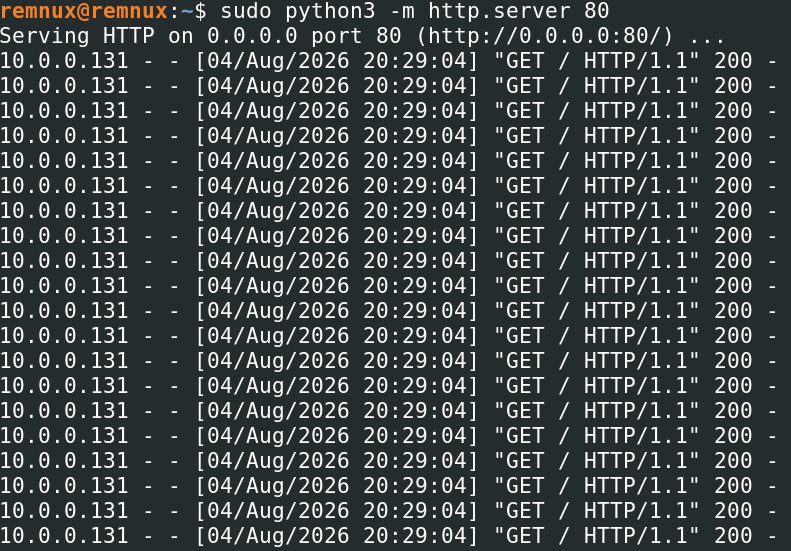 Python HTTP server log showing twenty requests after raising MaxConnectionsPer1_0Server
